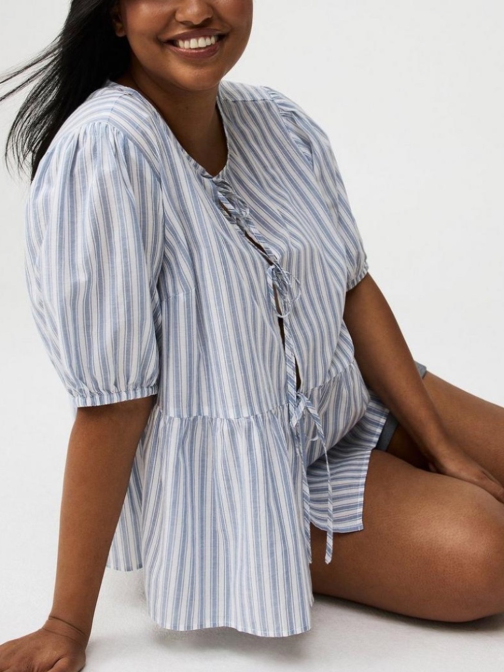 Torrid - Puff Sleeve Tie Front Blue White Stripe Cotton Lightweight Blouse - 3X